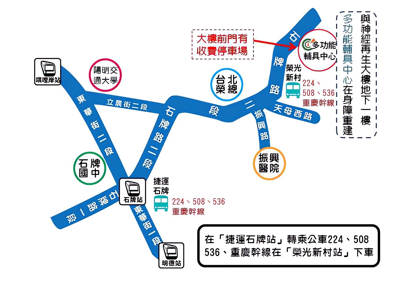 本圖為前往「多功能輔具中心」的交通位置示意圖。地點位於臺北市石牌路二段、天母西路與振興路附近，鄰近榮光新村。圖中標示捷運石牌站與明德站，並顯示由捷運石牌站轉乘公車 224、508、536 或重慶幹線，於「榮光新村站」下車可抵達。另標示周邊地標包含石牌國中、振興醫院、國立陽明交通大學。大樓前設有收費停車場，中心位於身心障礙重建相關大樓地下一樓。